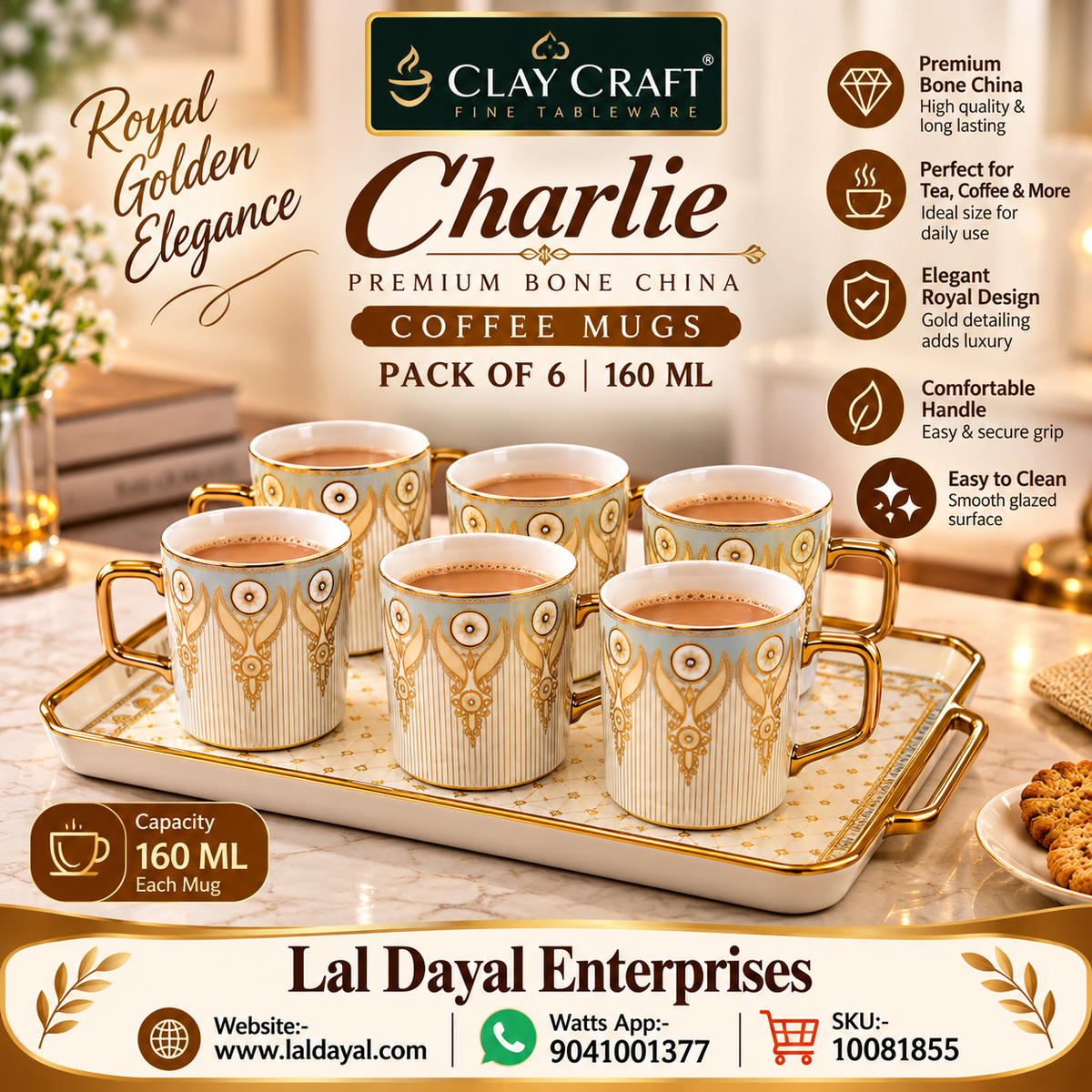Clay Craft E-608 Charlie Premium Bone China Coffee Mugs – Royal Gold Detailed (Pack of 6)