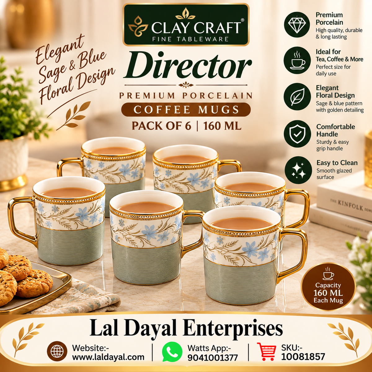 Clay Craft E-651 Director Porcelain Coffee Mugs, Sage & Blue (Set of 6)