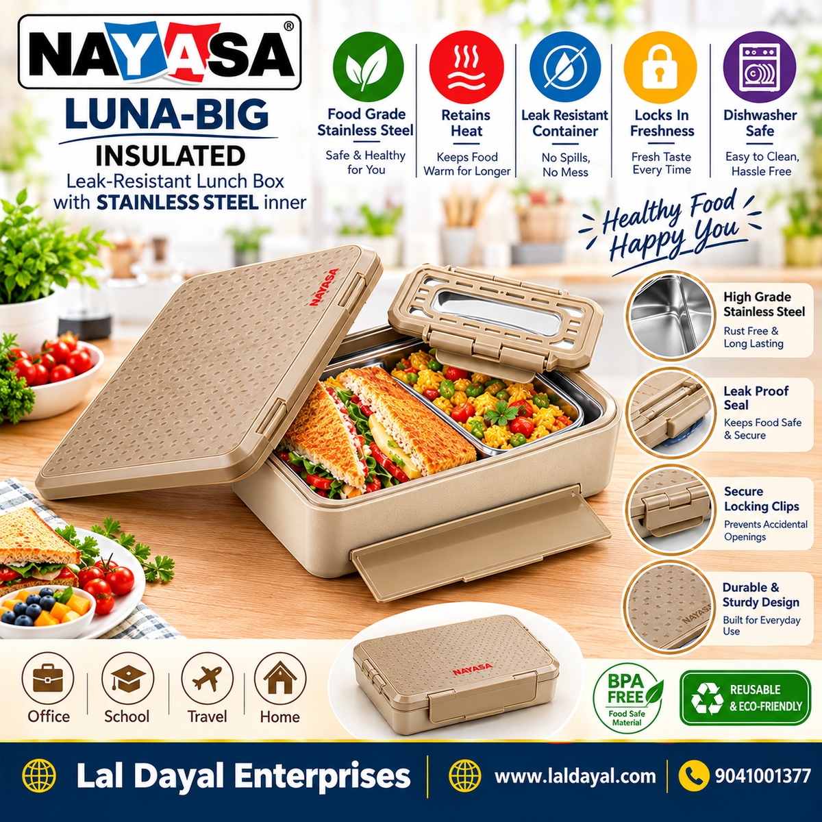 Nayasa Luna Big Insulated Steel Lunch Box with Small Dabbi