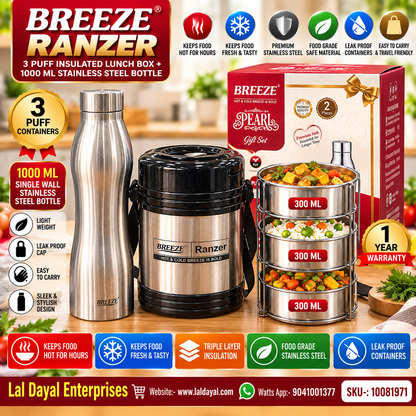 BREEZE Ranzer 3 Puff Insulated Lunch Box (3 × 300 ml) + 1 L Stainless Steel Bottle