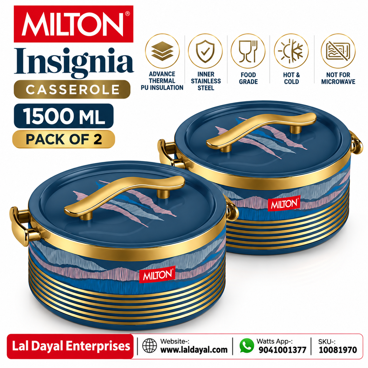 Milton Insignia Insulated Casserole Set of 2, 1500 ml Each, Royal Blue & Gold