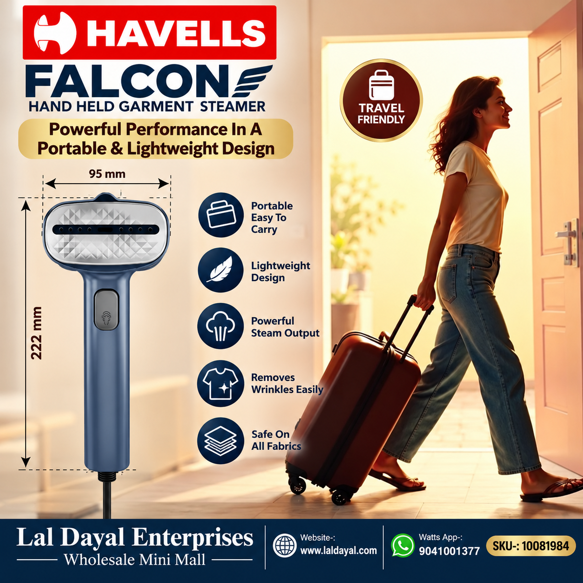 Havells Falcon 1100W Hand Held Garment Steamer | 30 Sec Heat Up | 100ML Tank | Portable Clothes Steamer