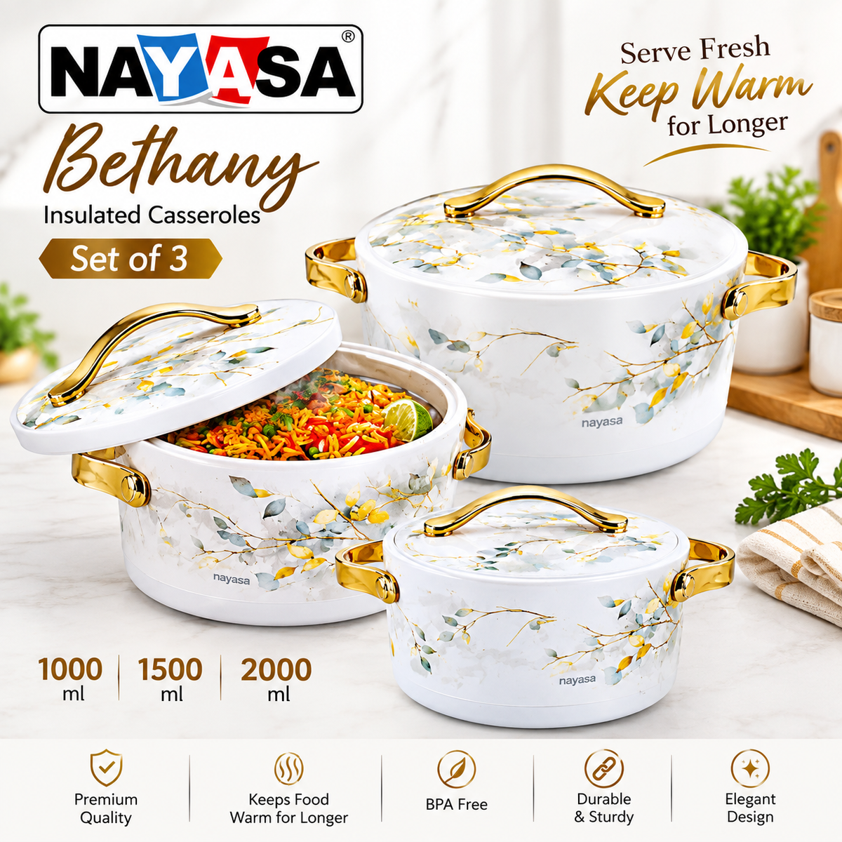 Nayasa Bethany Premium Insulated Casserole Set of 3 (1000ml, 1500ml, 2000ml)