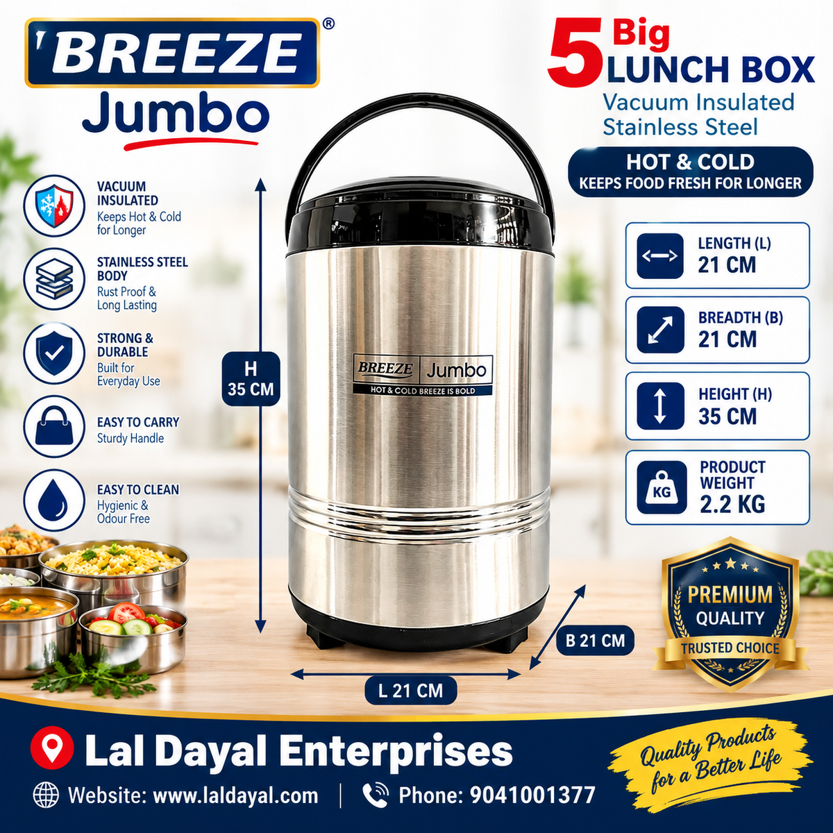 Breeze Jumbo 5 Vacuum Insulated Stainless Steel Lunch Box