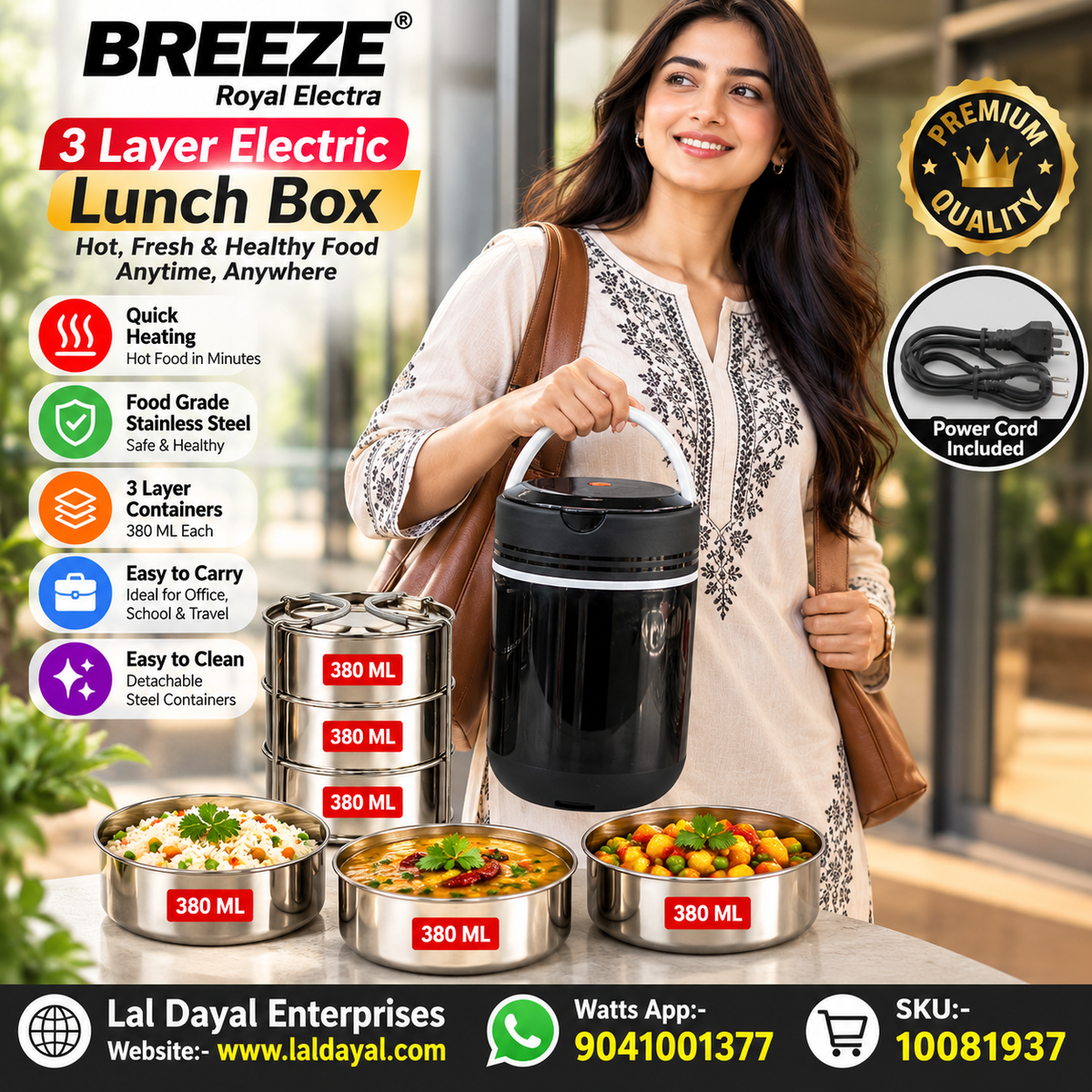 Breeze Royal Electra Electric Lunch Box – 3 Containers, 380 ml Each
