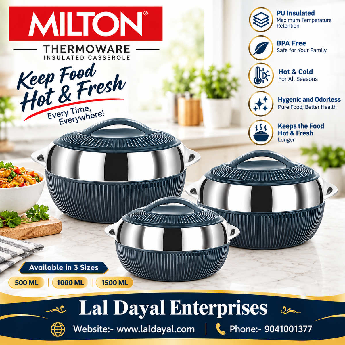 Milton Fiesta Thermoware PU Insulated Casserole Set of 3 (500ml, 1000ml, 1500ml)