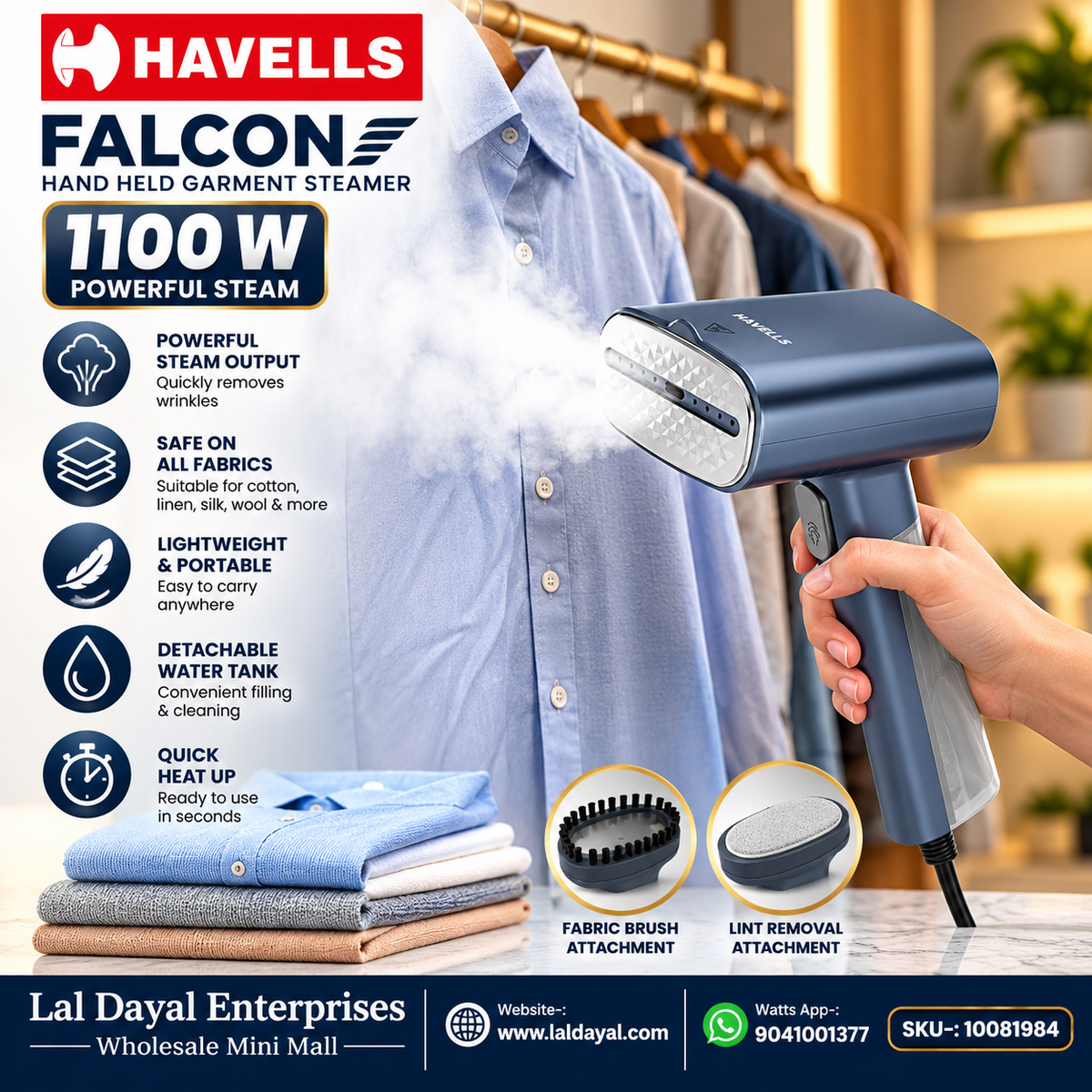 Havells Falcon 1100W Hand Held Garment Steamer | 30 Sec Heat Up | 100ML Tank | Portable Clothes Steamer