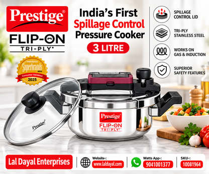 Prestige Flip-On 3L Tri-Ply Stainless Steel Pressure Cooker with Glass Lid
