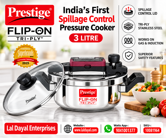 Prestige Flip-On 3L Tri-Ply Stainless Steel Pressure Cooker with Glass Lid