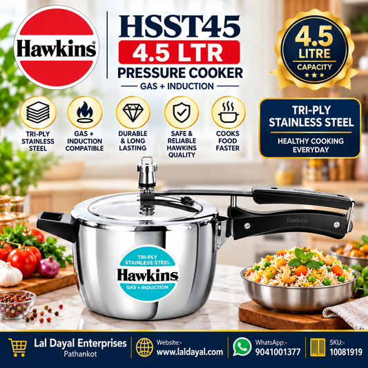 Hawkins Tri-Ply Stainless Steel Pressure Cooker 4.5 Litre (HSST45) | Gas & Induction Compatible