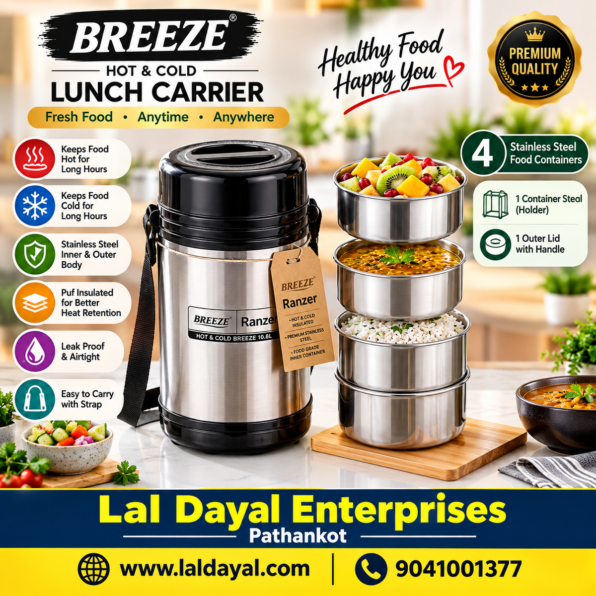 BREEZE Ranzer 4-Tier Insulated Lunch Box with Stainless Steel Containers & Carrying Strap