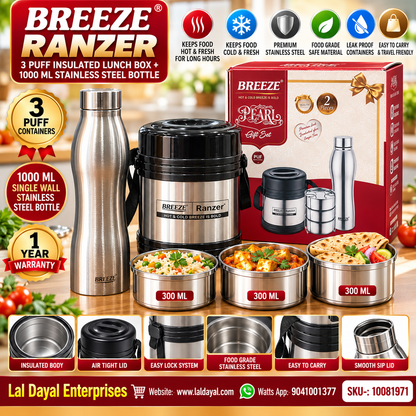 BREEZE Ranzer 3 Puff Insulated Lunch Box (3 × 300 ml) + 1 L Stainless Steel Bottle