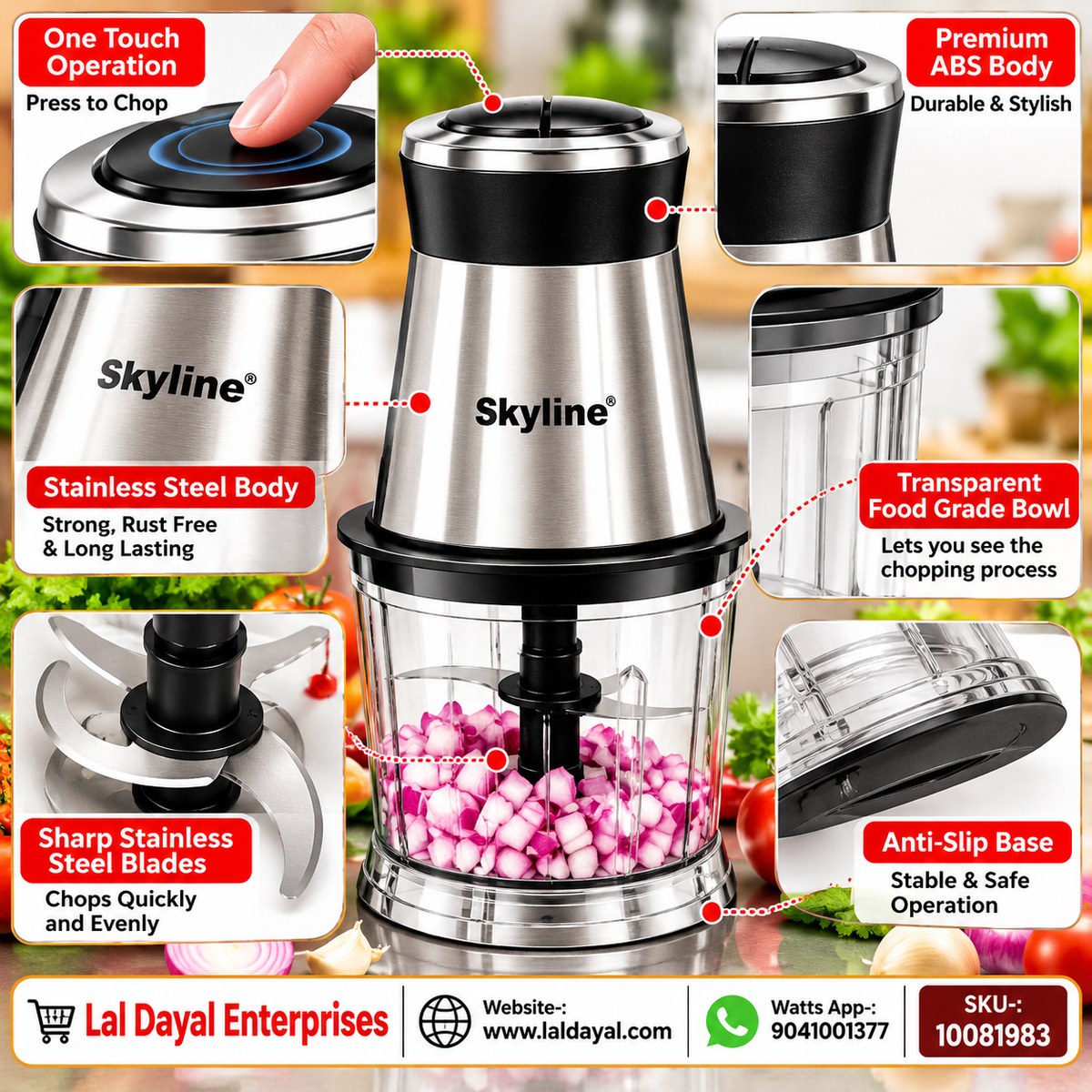 Skyline Electric Chopper VTL-9045 – 400W Powerful Motor with Stainless Steel Blades