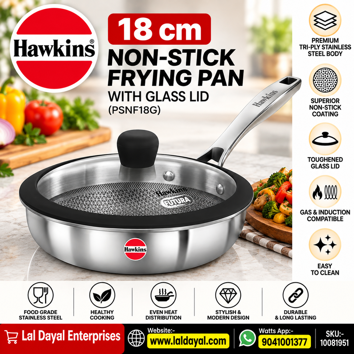 Hawkins 18 cm Non-Stick Frying Pan with Glass Lid (PSNF18G)