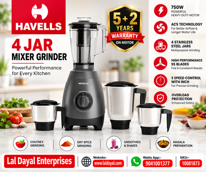 Havells 750W 4-Jar Mixer Grinder with ACS Technology & Juicer Jar (Grey)