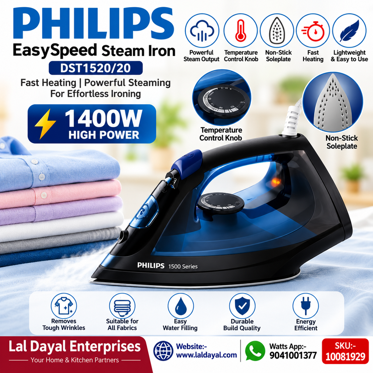 Philips EasySpeed Steam Iron DST1520/20 (1400W, Blue) - Fast Heating & Non-Stick Soleplate