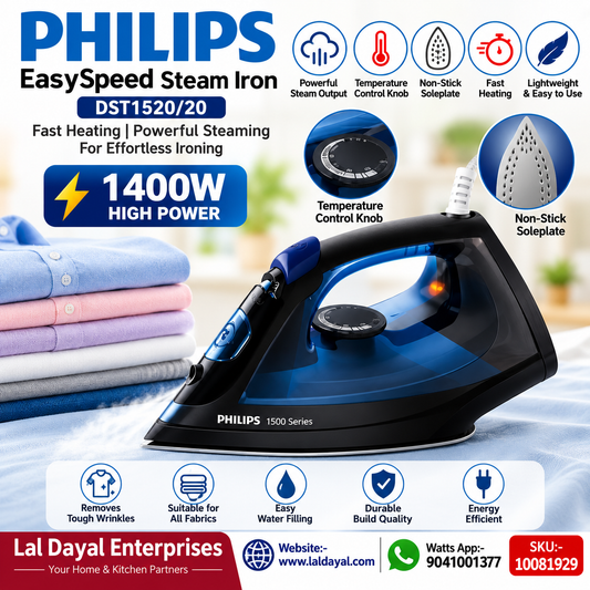 Philips EasySpeed Steam Iron DST1520/20 (1400W, Blue) - Fast Heating & Non-Stick Soleplate