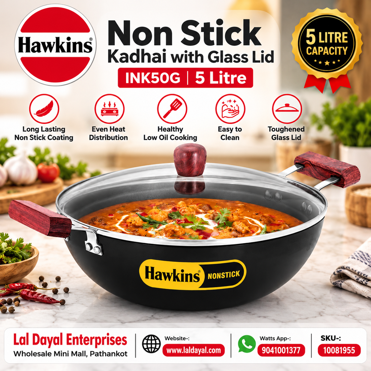 Hawkins Futura 5L Nonstick Deep Kadhai with Glass Lid (INK50G)