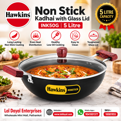 Hawkins Futura 5L Nonstick Deep Kadhai with Glass Lid (INK50G)