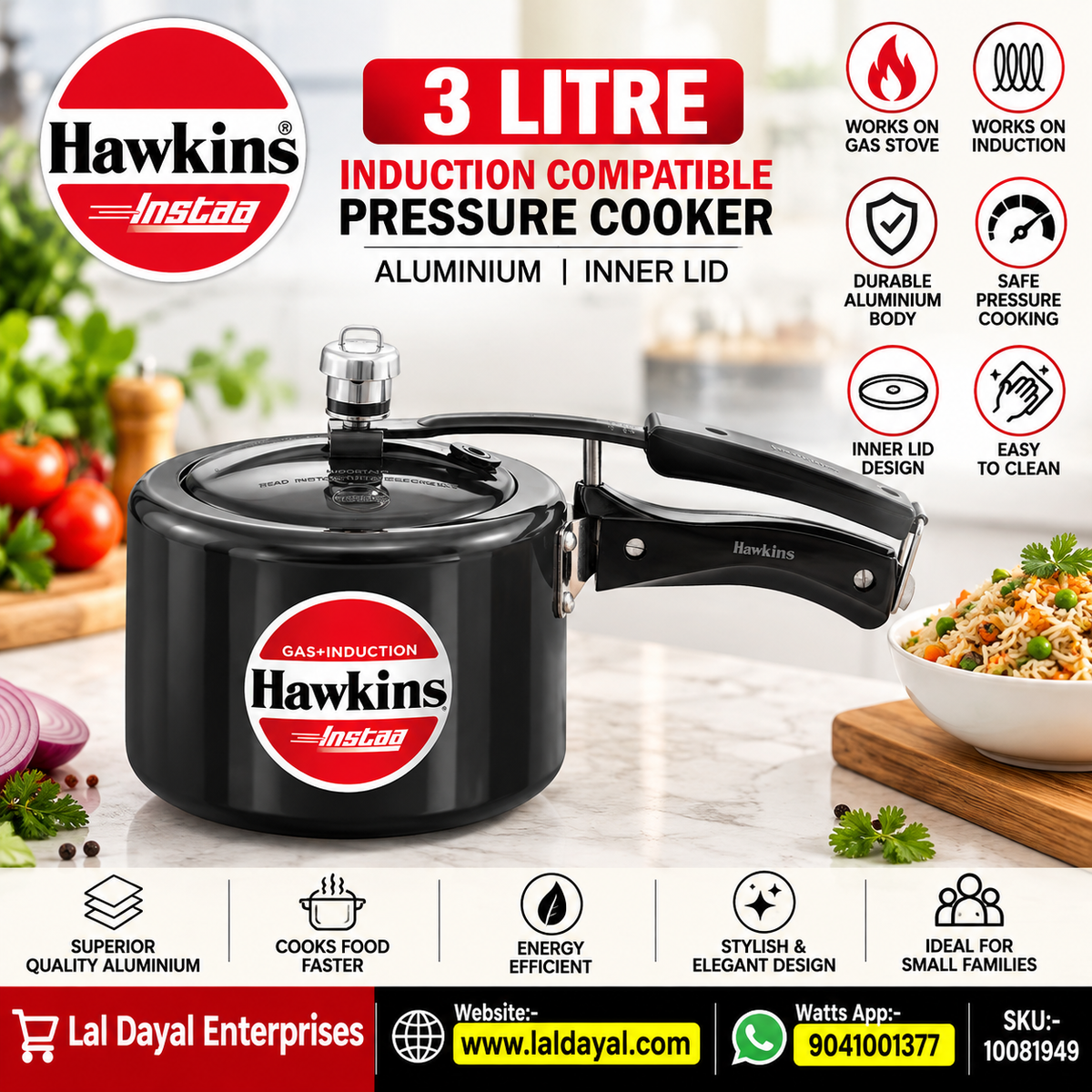 Hawkins Heera 3 Litre Aluminium Induction Pressure Cooker (IIH3T)