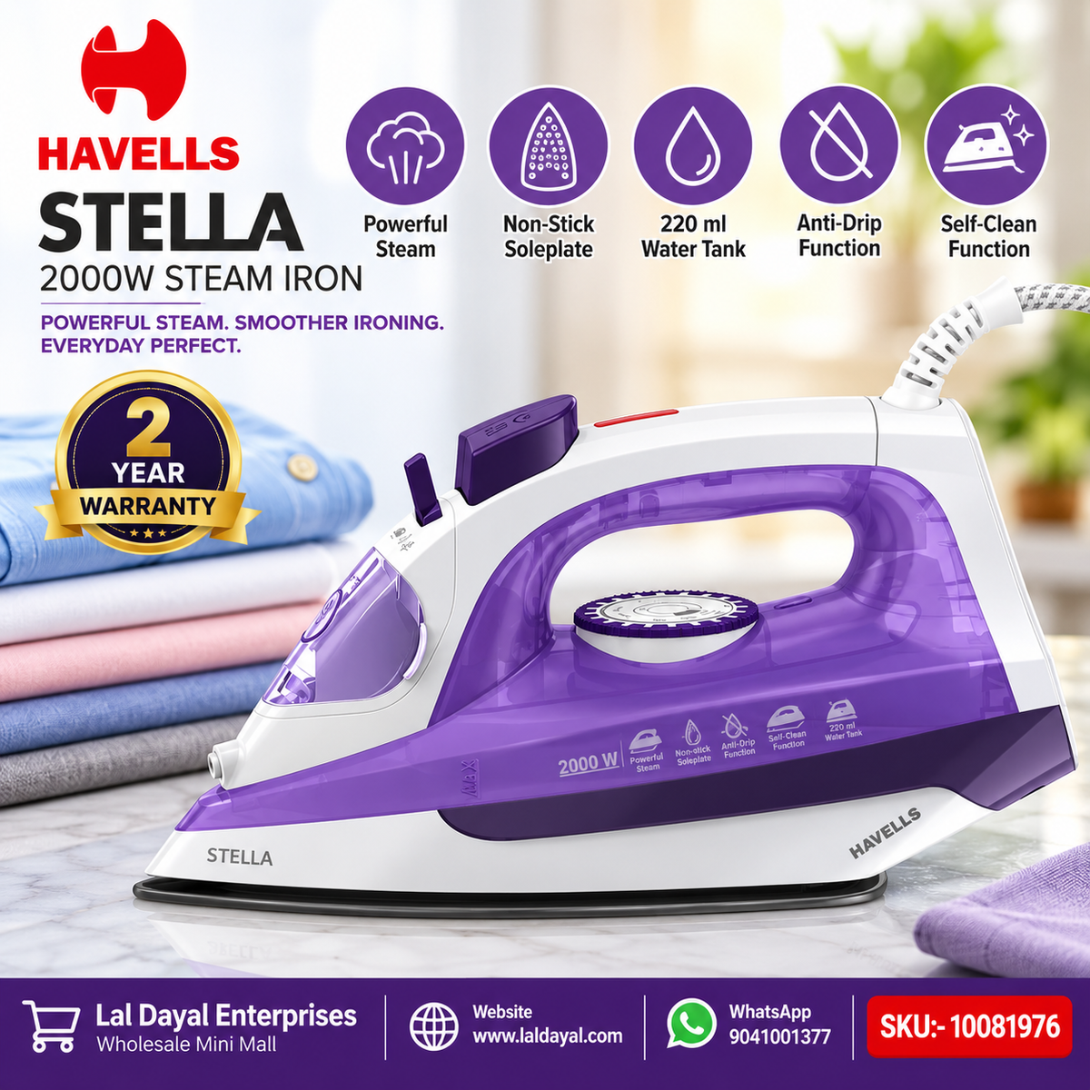Havells Stella 2000W Steam Iron with Non-Stick Soleplate, Anti-Drip & Self-Clean Function | 220ml Water Tank