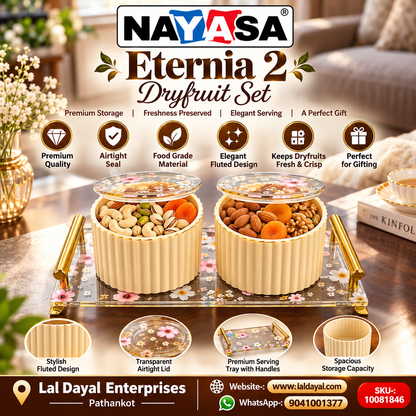 Nayasa Eternia 2 Dry Fruit Container Set with Floral Lids & Serving Tray, Set of 2