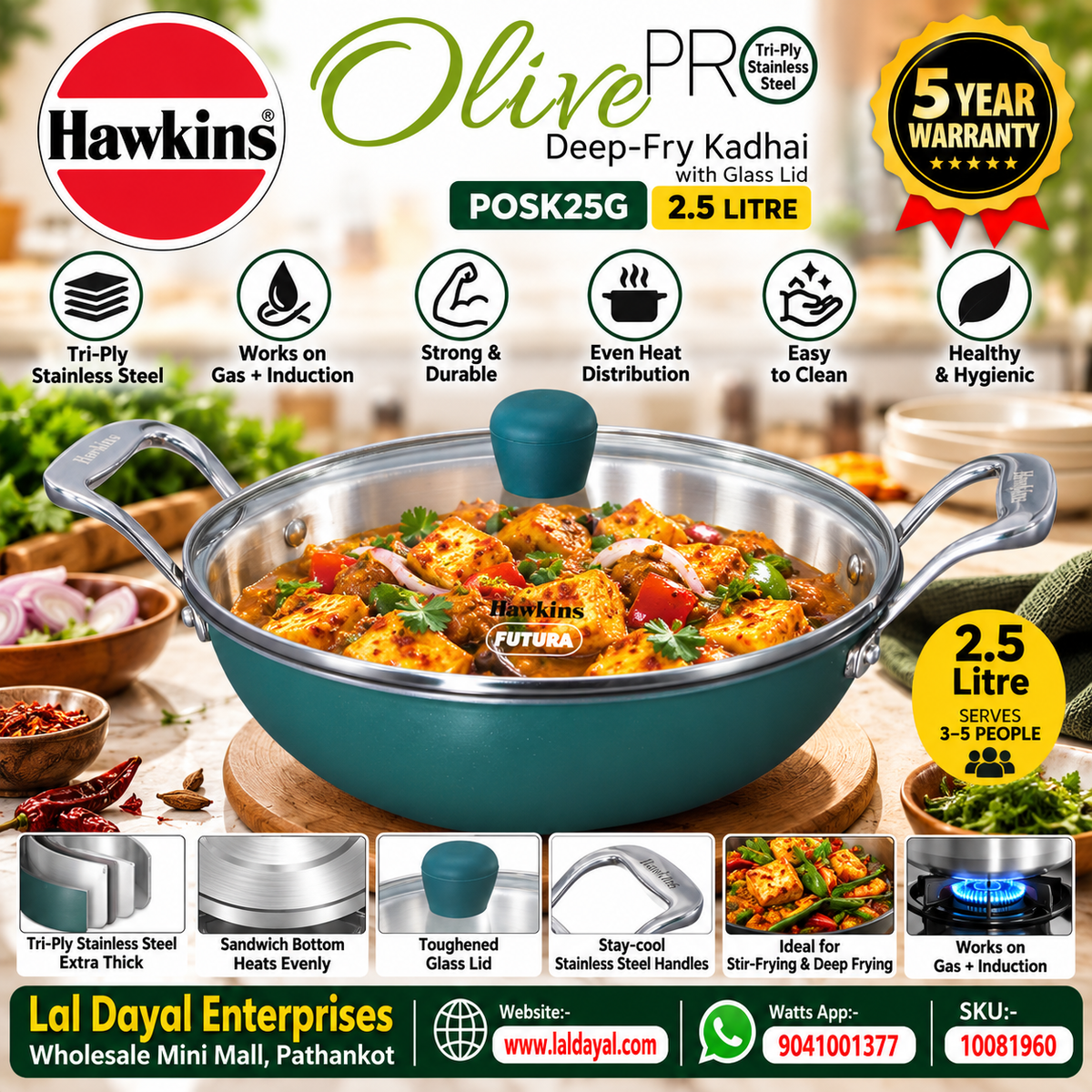 Hawkins Olive Pro 2.5L Triply Kadhai with Glass Lid (POSK25G)