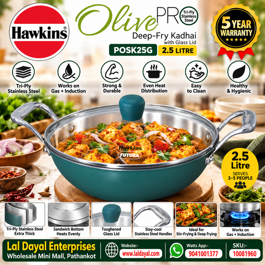 Hawkins Olive Pro 2.5L Triply Kadhai with Glass Lid (POSK25G)