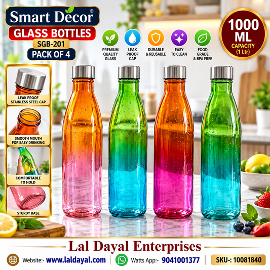 Ombre Glass Water Bottles 1000ml – Multicolor Set (Pack of 4)