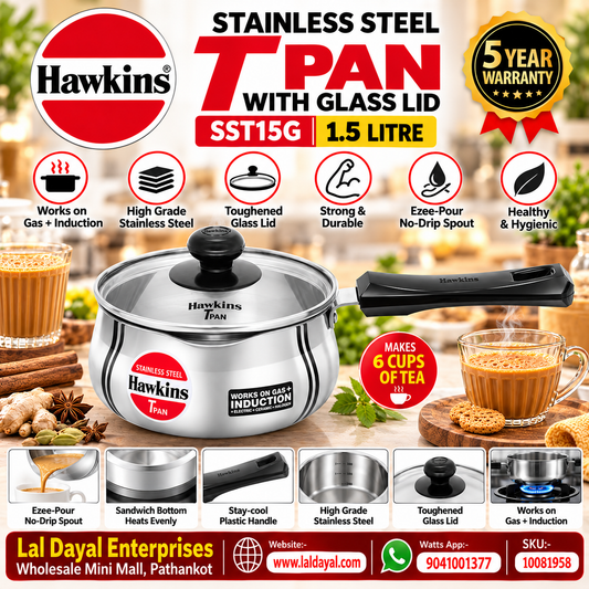Hawkins 1.5L Stainless Steel Tea Pan with Glass Lid (SST15G)