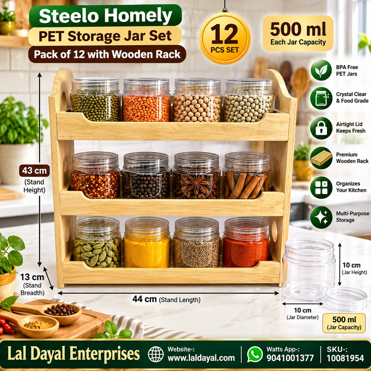 Steelo 500 ml PET Jars, Set of 12 with 3-Tier Wooden Spice Rack