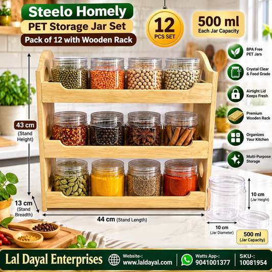 Steelo 500 ml PET Jars, Set of 12 with 3-Tier Wooden Spice Rack