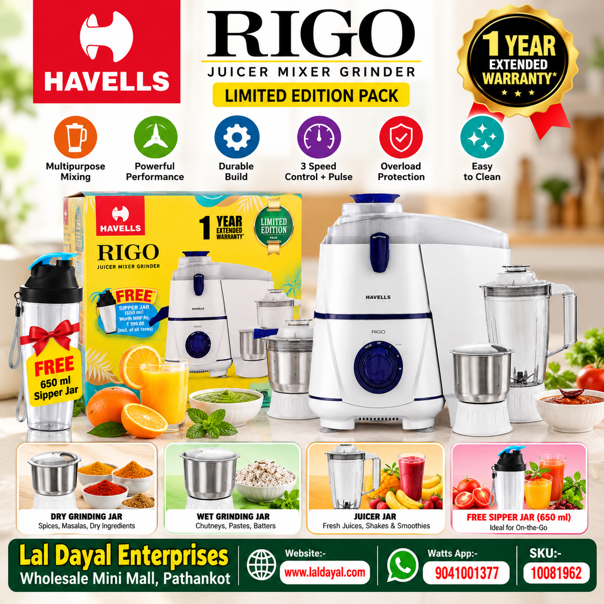 Havells Rigo Juicer Mixer Grinder with Free 650ml Sipper Jar