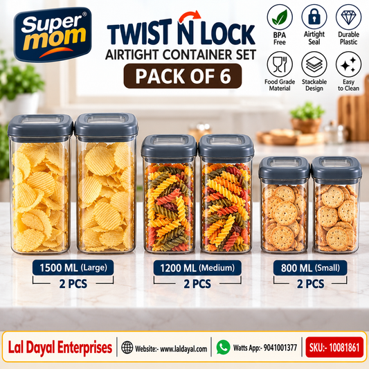 Twist & Lock Storage Container Set of 6 | 800 ml, 1200 ml, 1500 ml