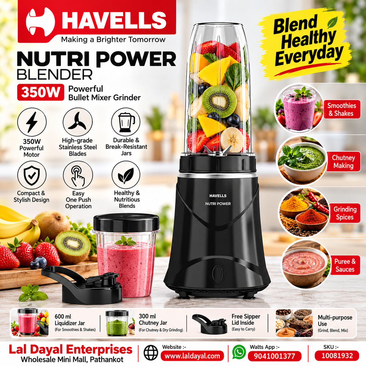 Havells Nutri Power 350W Bullet Blender (Black)