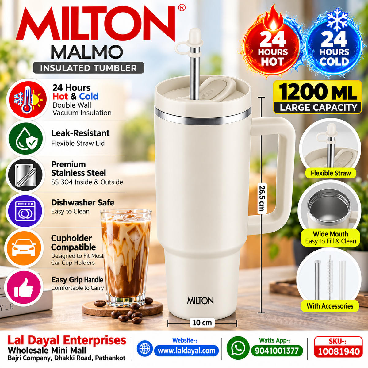 Milton 1100ml Insulated Tumbler with Handle & Dual Straws