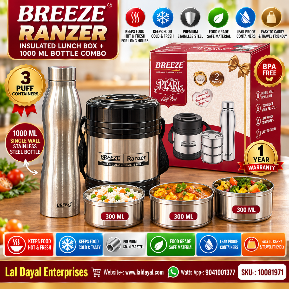 BREEZE Ranzer 3 Puff Insulated Lunch Box (3 × 300 ml) + 1 L Stainless Steel Bottle