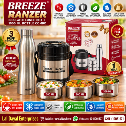 BREEZE Ranzer 3 Puff Insulated Lunch Box (3 × 300 ml) + 1 L Stainless Steel Bottle