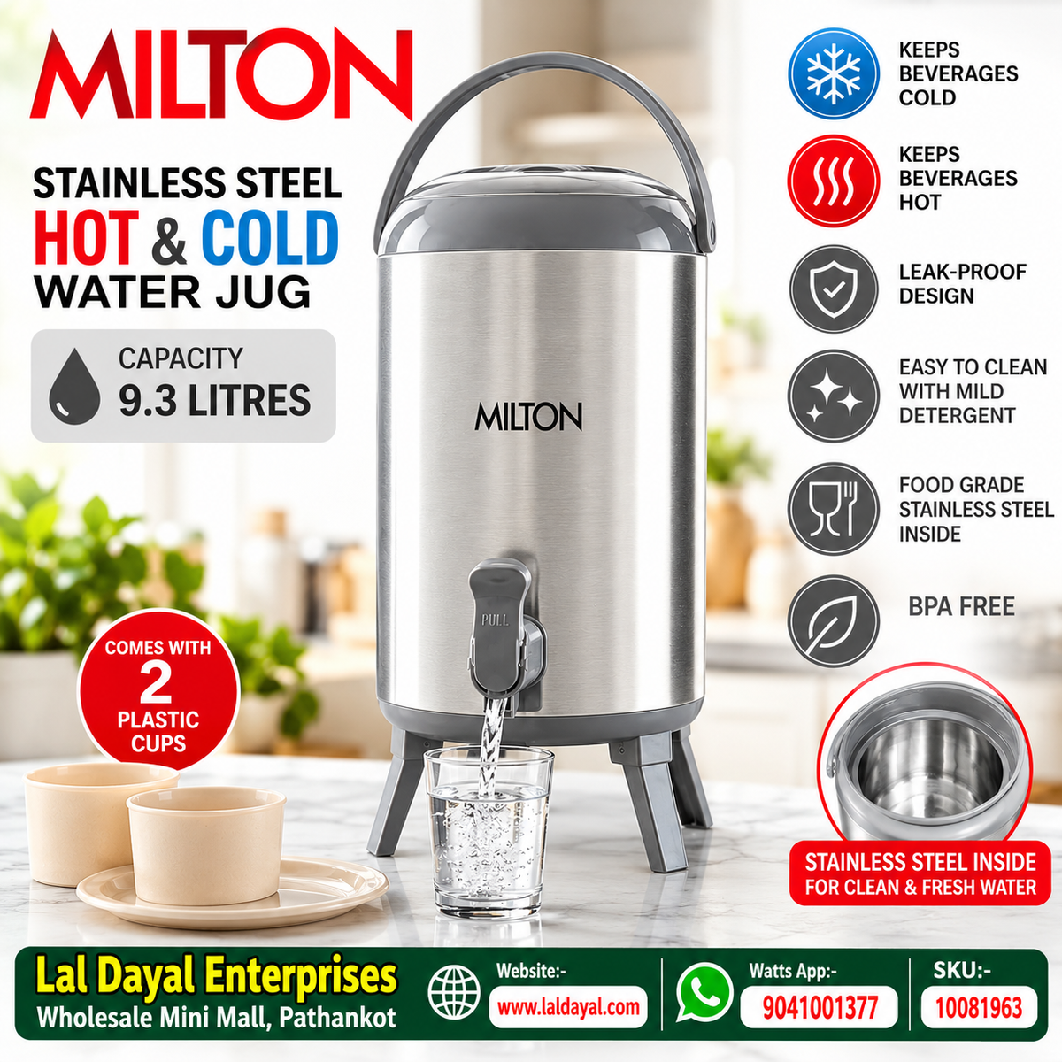 Milton 9.3L Stainless Steel Hot & Cold Water Jug – Leak-Proof Travel Camper