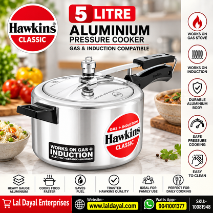 Hawkins Classic 5 Litre Aluminium Pressure Cooker (ICL50) – Gas & Induction Compatible