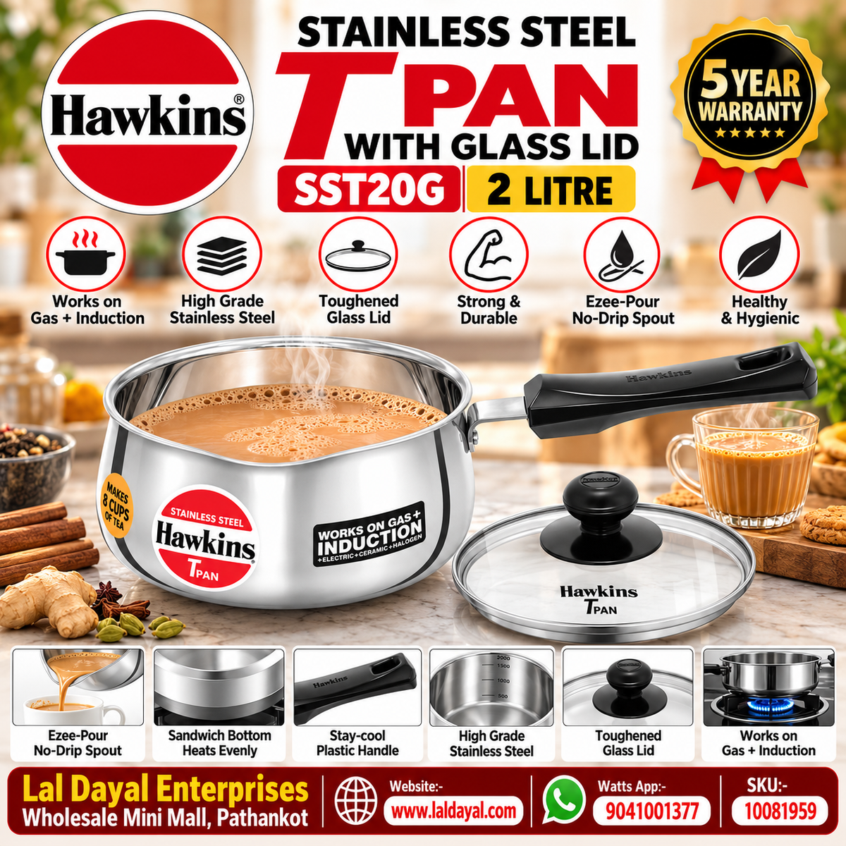 Hawkins 2L Stainless Steel Tea Pan with Glass Lid (SST20G)