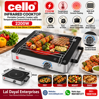 Cello 2200W Infrared Induction Cooktop – Portable Ceramic Cooker with Temperature Control Knob & Grill Grate