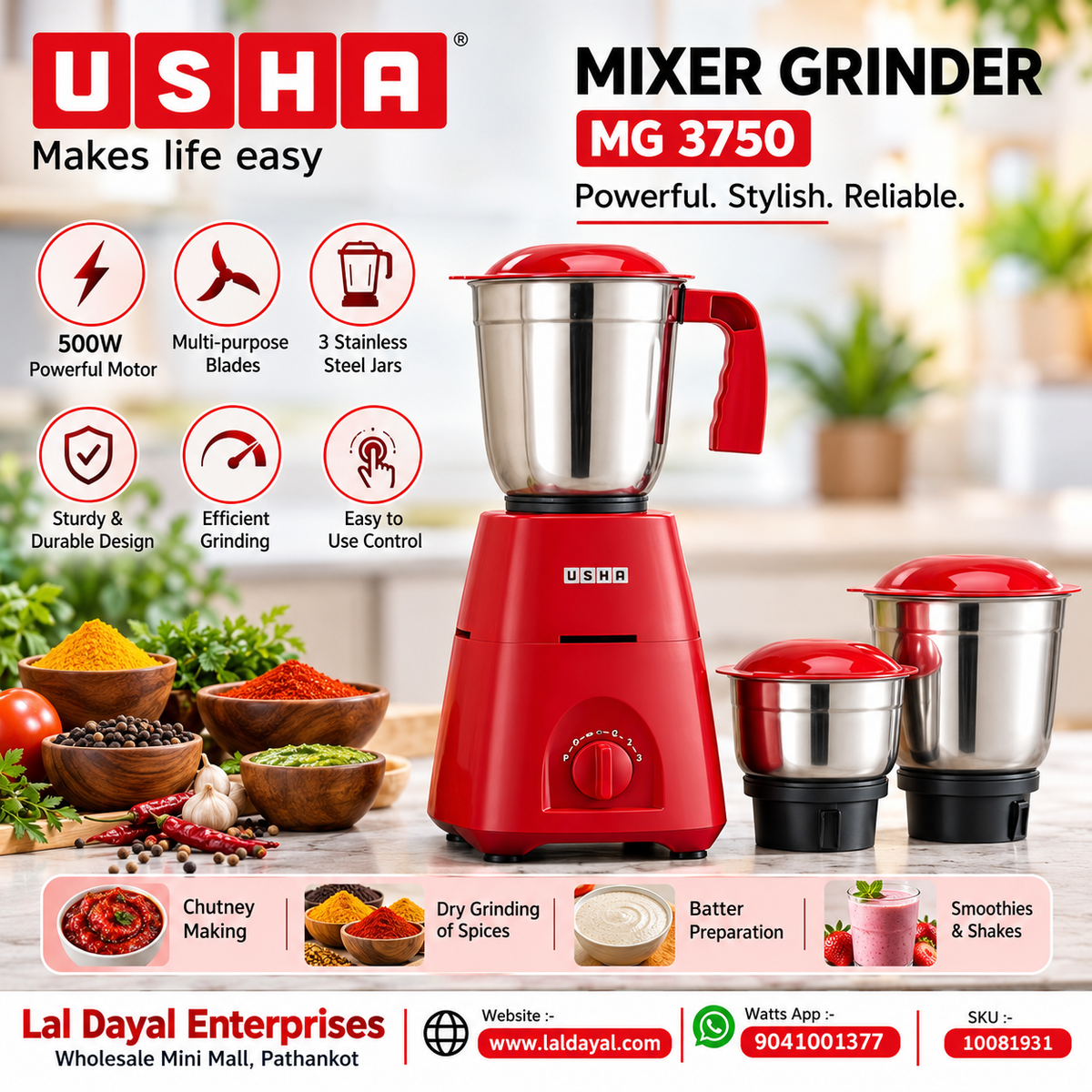 Usha MG3750 500W Mixer Grinder with 3 Stainless Steel Jars (Red)