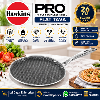 Hawkins PRO Tri-Ply Stainless Steel Flat Tava 26 cm (PSNFT26) | Shielded Nonstick, Induction Compatible