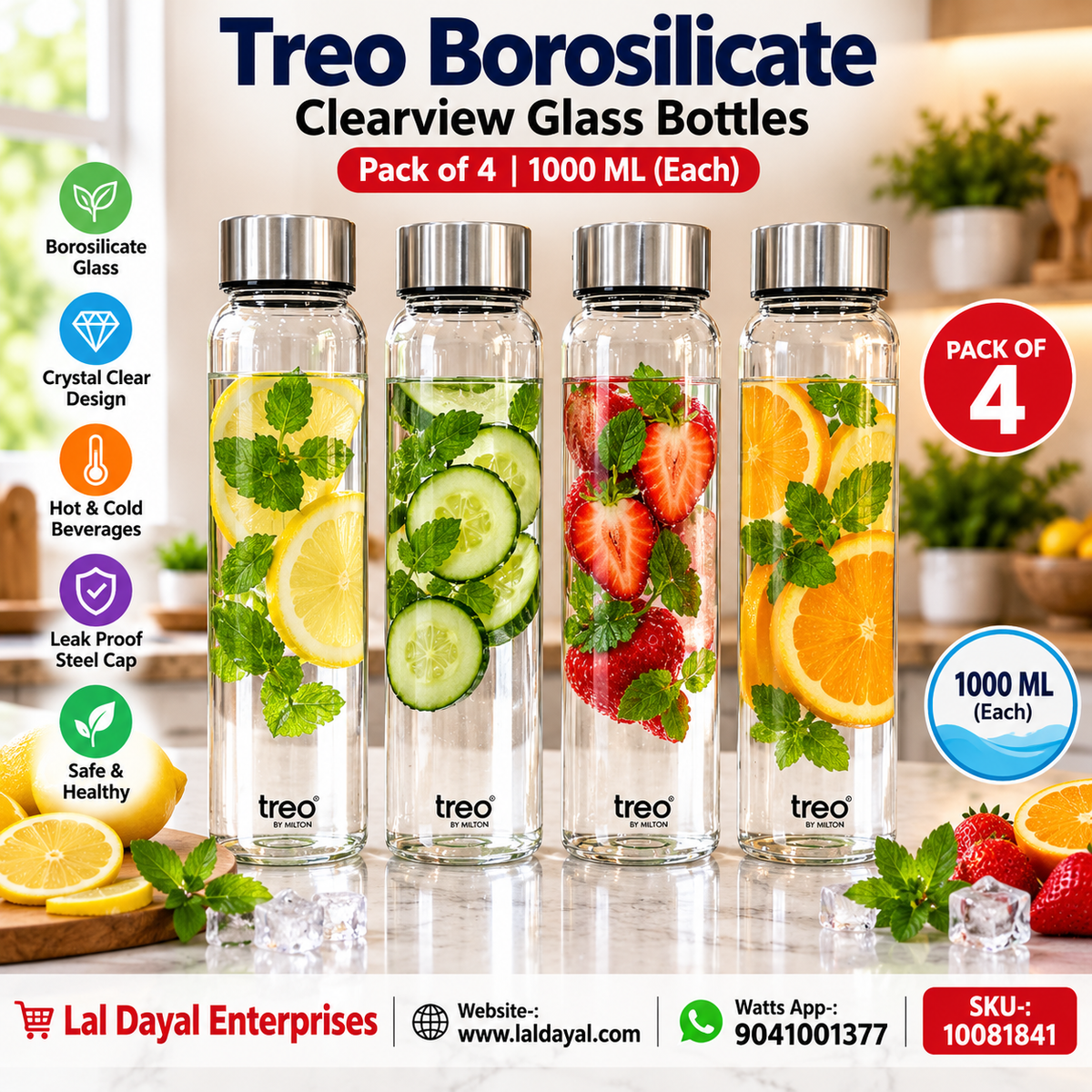 Treo Clearvue Borosilicate Glass Bottles 1000ml with Stainless Steel Caps (Pack of 4)