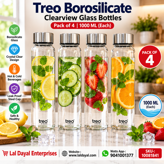 Treo Clearvue Borosilicate Glass Bottles 1000ml with Stainless Steel Caps (Pack of 4)