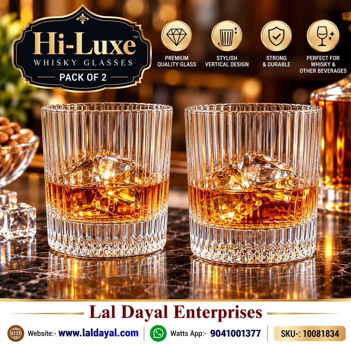 Hi-Luxe Ribbed Whiskey Glass Set of 2 – 300 ml Heavy Base Tumblers
