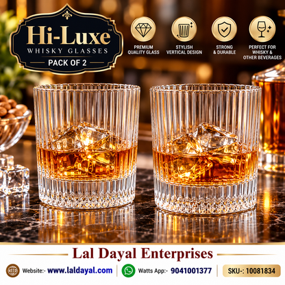 Hi-Luxe Ribbed Whiskey Glass Set of 2 – 300 ml Heavy Base Tumblers