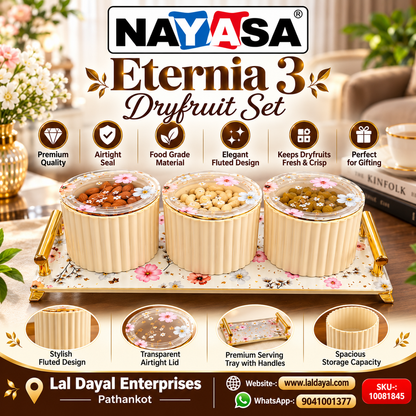 Nayasa Eternia 3 Dry Fruit Container Set with Floral Lids & Serving Tray, Set of 3