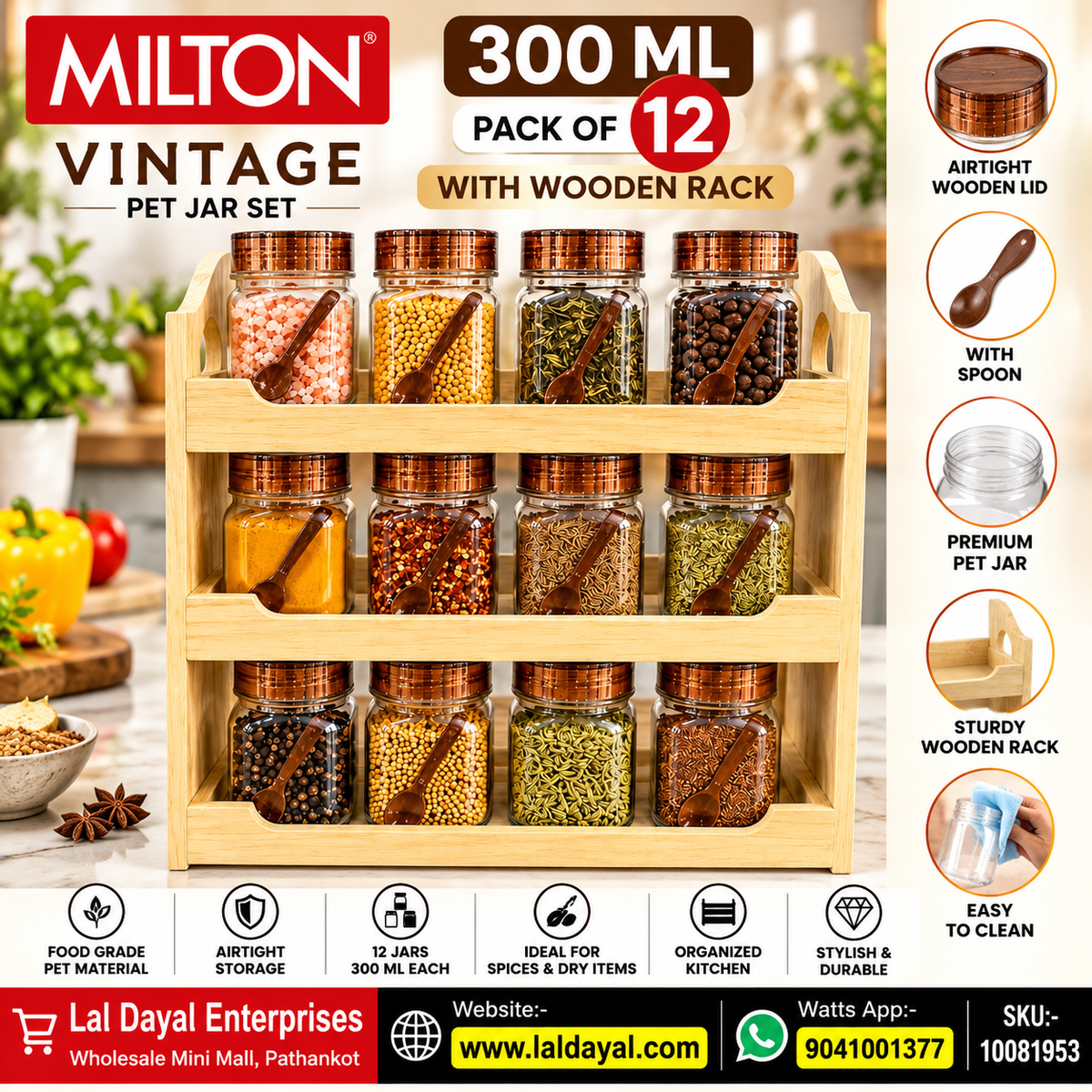 Milton 500 ml Spice Jars, Set of 12 with 3-Tier Wooden Rack & Spoons